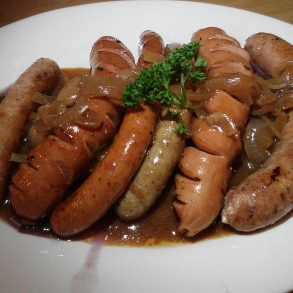 Try the Potpouri of Sausages.  It has 6 different types of pork sausages; Gottinger, Smoked German, Grilled Garlic, Thueringer, Nuernberger & Curry (German Style). Nice!