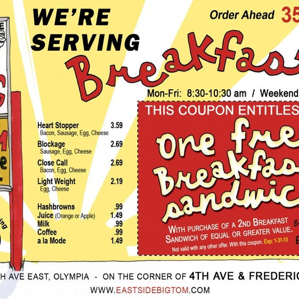 ONE FREE BREAKFAST SANDWICH w/purch. of 2nd of equal or greater value. Exp. 1/31/13. Open coupon for details. As seen at http://mycvm.net