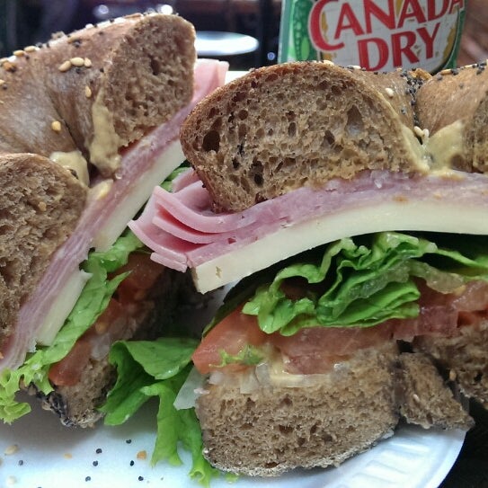 A whole Wheat everything bagel with ham, swiss, lettuce, tomato, with spicy mustard and mayo is definitely worth consumption!