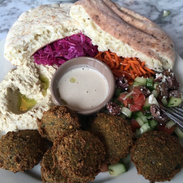 Falafel plate with a chai iced tea. Perfect Sunday lunch.