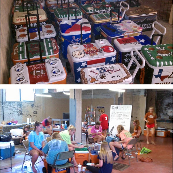 The BEST place to paint your cooler for TX-OU Weekend!!  Walking distance from campus dorms and West Campus, pizza for those late nights, paints, tools, stencils, coolers, and artists on hand to help!