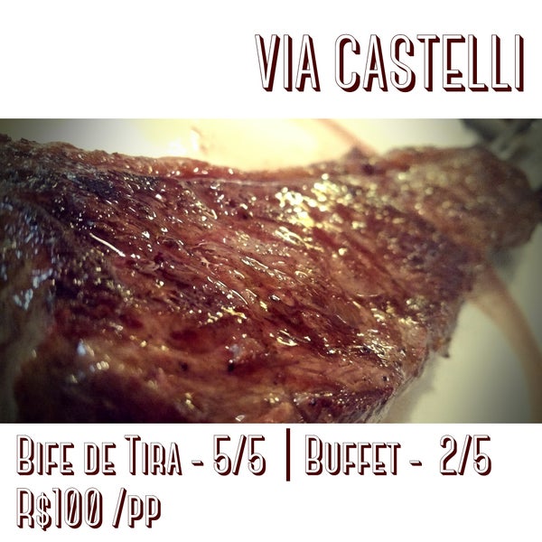Restaurante Via Castelli Excelentes carnes! O buffet e as massas são razoáveis. O preço é um pouco salgado, mas é uma boa opção na região. R$100🌟🌟🌟💲💲💲💲