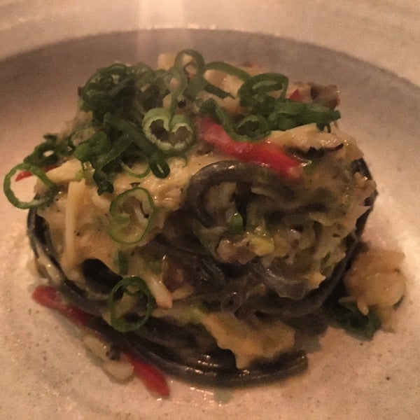 Bucatini. black garlic, dungeness crab, maitake, & chili goodness