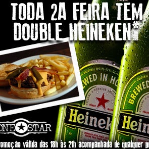 Todas às segundas-feiras tem Double Heineken 600ml. Você pede uma e ganha outra! Promoção válida das 18:00 às 21:00 e acompanhada de qualquer prato!