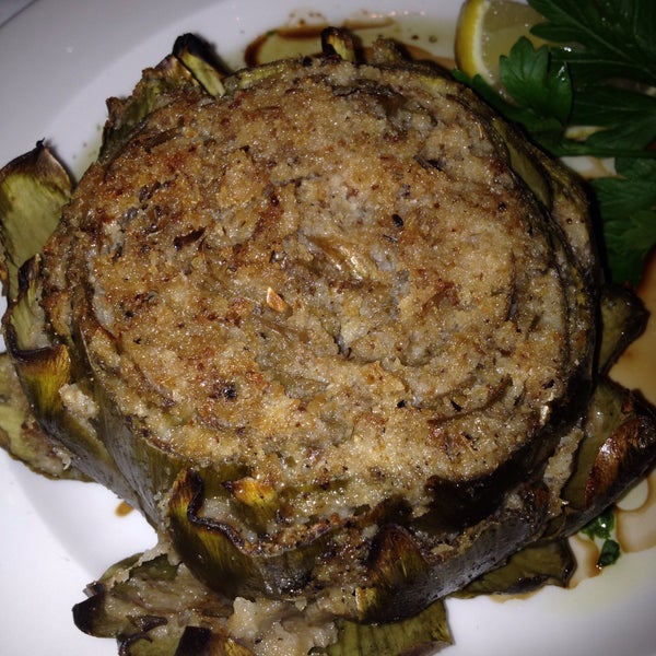 Artichoke stuffed with bread crumbs. Good but not knock your socks off.