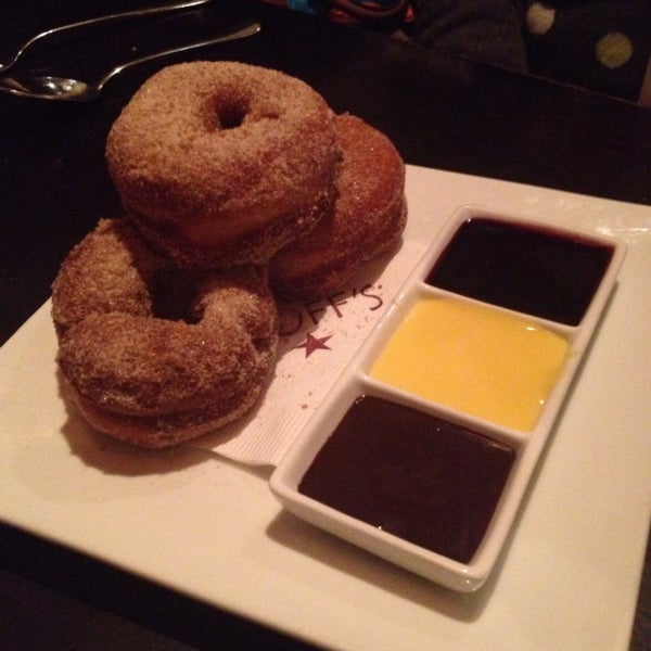 Cinnamon donuts with sauce were good but could have been a little more crusty.