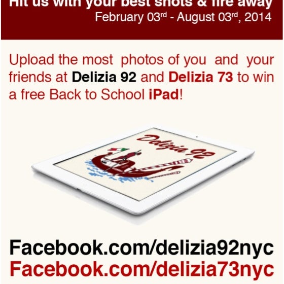 There's a Free iPad contest going on now!!  Include the caption #mydelizia73moment under all of your photos for a chance to win! :)