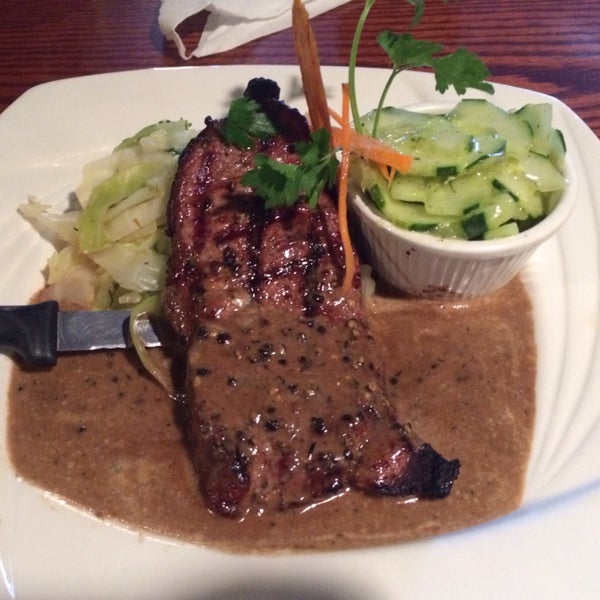 Fantastic food and service. Tasty cucumber salad. Try the peppercorn crusted steak!