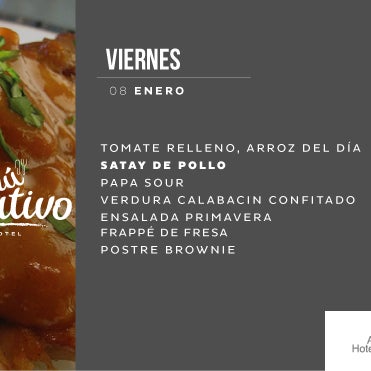 SATAY DE POLLO - Viernes 08 de Enero. A partir de las 11 AM deleite su paladar con el Menú Ejecutivo de nuestro #RestauranteSanSilvestre Gourmet. Abierto a todo público. Reservas: 611 0100