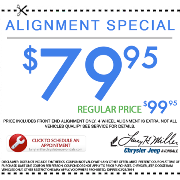 Need an alignment? Stop by today! This special ends February 28, 2014! http://www.larrymillerchryslerjeepavondale.com/specials/service.htm