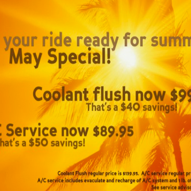Discounts on Coolant Flush and A/C service in the month of May! http://www.larrymillerchryslerjeepavondale.com/specials/service.htm