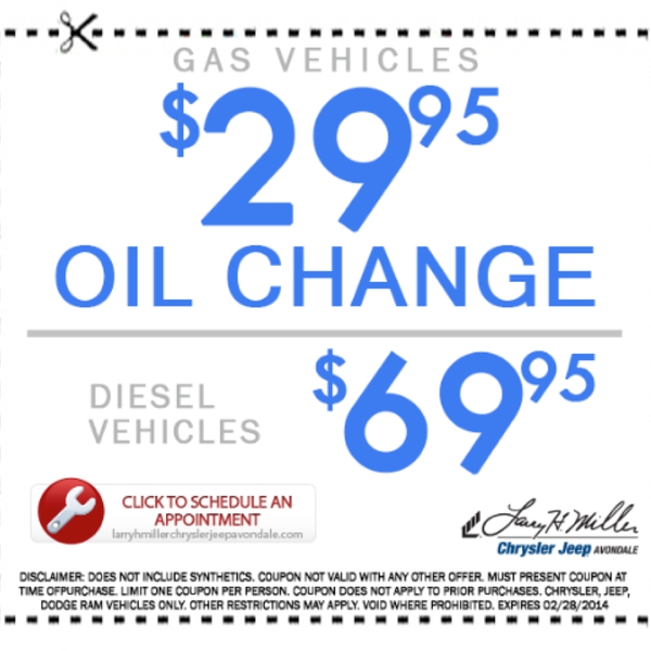 Stop in today for a $29.95 oil change! Offer expires 2/28/14. http://www.larrymillerchryslerjeepavondale.com/specials/service.htm