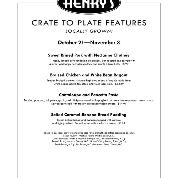 Check out our Crate2Plate menu for October 21 - November 3!