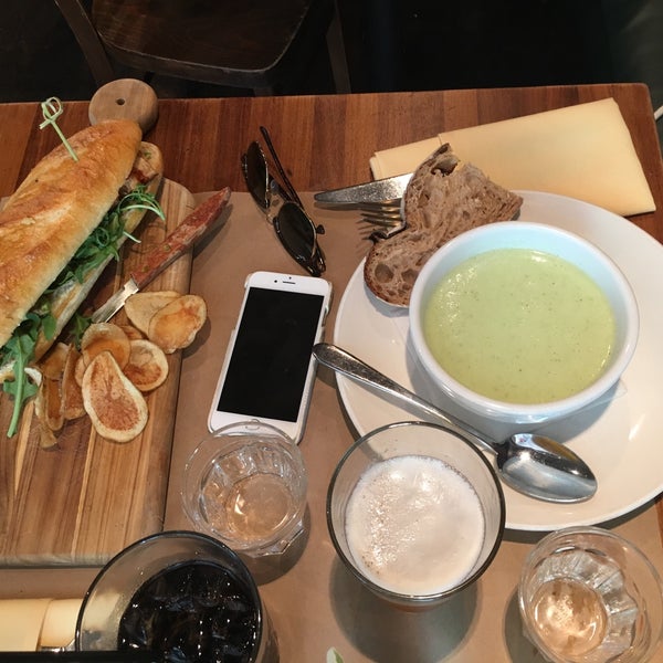 Chilled melon soup and chicken sandwich