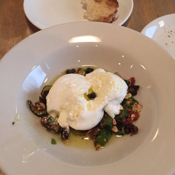 Burrata with zucchini and almonds, toasty country bread