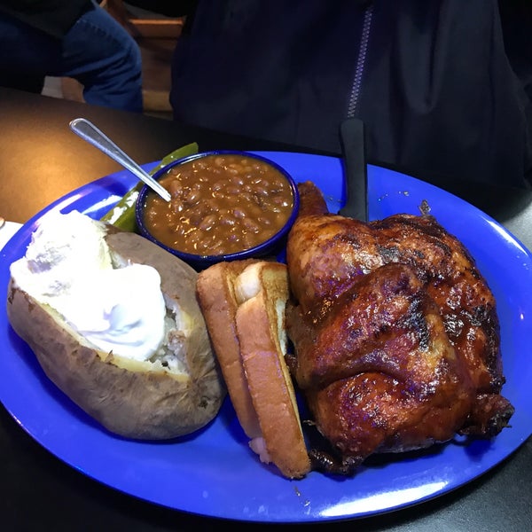 Voodoo chicken with baked potato and baked beans