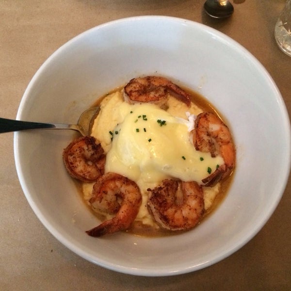 SHRIMP & POLENTA: perfectly seasoned shrimp, but too much sauce - made polenta soupy and i personally prefer it more thick. egg added to the dish in aesthetics, but not taste.
