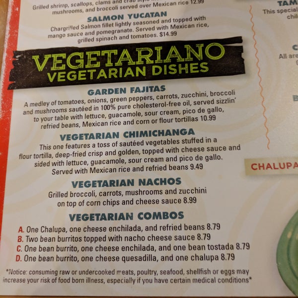 Great vegetarian choices, including vegetarian nachos loaded with veggies and cheese sauce, and garden fajitas with so many vegetables you'll be asking for more tortillas or chips.