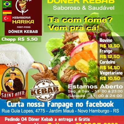 Sem opção para hoje? Döner Kebab - Saboroso & Saudável Visite nosso website e veja o cardápio - www.kebaberiaharika.com.br Compartilhe com seus amigos, eles pode gostar!