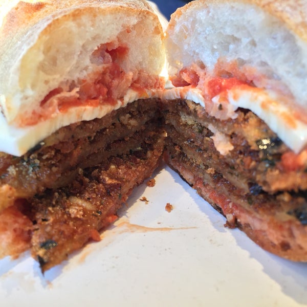 The best eggplant parm I've ever had. Thin sliced, breaded pieces with delicious sauce, fresh mozzarella, and great ciabatta bread.
