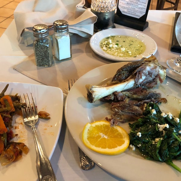 Avgolemono soup, braised lamb shank, green beans in a tomato sauce, sautéed spinach, baklava and Greek coffee were all great.