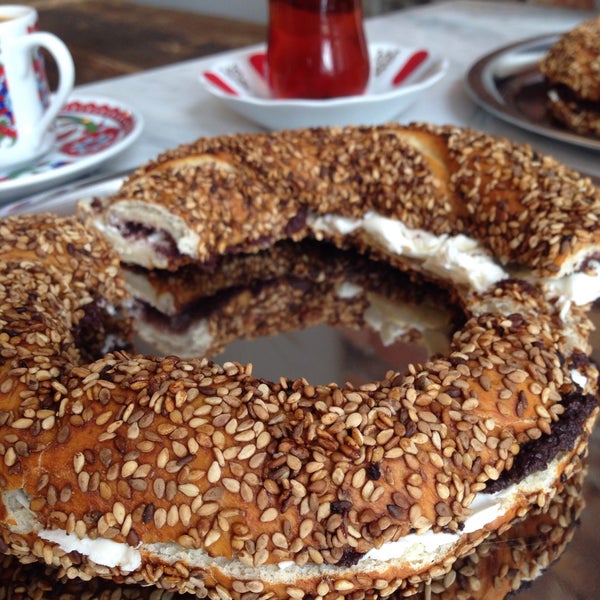 Simit is a traditional Turkish bagel found on every corner in Turkey. Finally made its way to Toronto! You can have it plain or with cream cheese and olive tapenade with a side of Turkish tea!