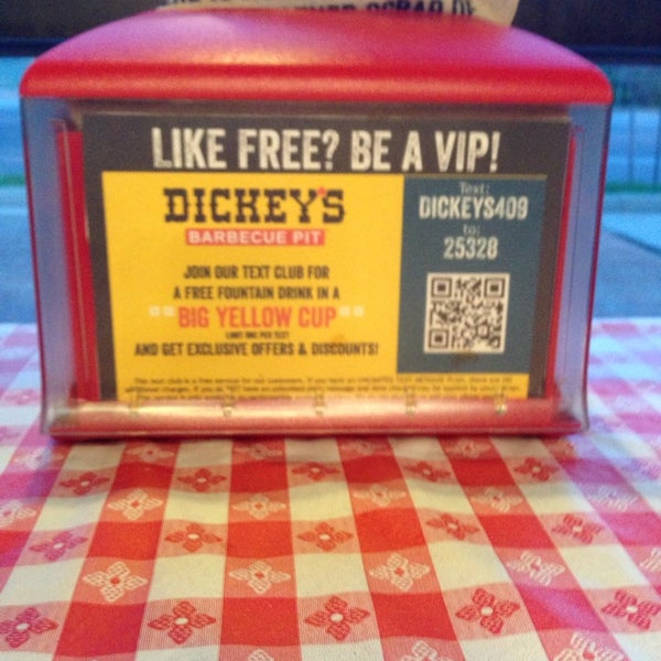 Be sure to take advantage of the Dickey's VIP Club by texting "Dickeys409" to 25328 BEFORE you order. Also don't forget about the soft serve ice cream by the sodas when you're done with your meal!