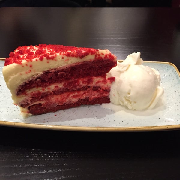 Always busy, red velvet cake is a massive serving as below