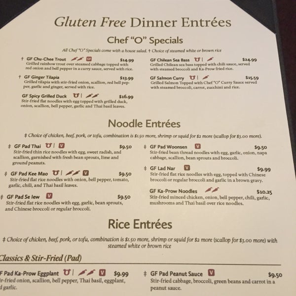 Great place for vegetarian, vegan and gluten free Thai food. Skip the sushi. They have gf soy sauce on the table, with the white label. Ask for the separate gf menu.
