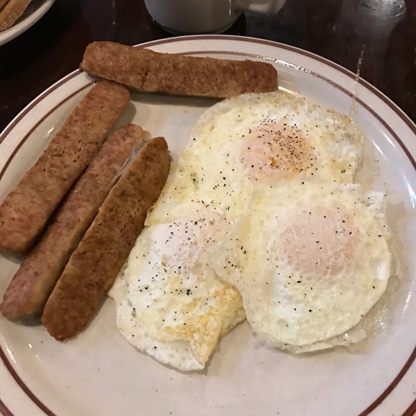 Three eggs over easy. Turkey sausage   Coffee. $9.75