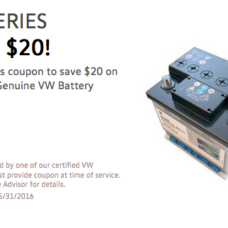 THIS MONTH ONLY: Save $20 on your next genuine VW battery! If your battery is in good condition, you can find other ways to save by checking out all of our service specials here:
