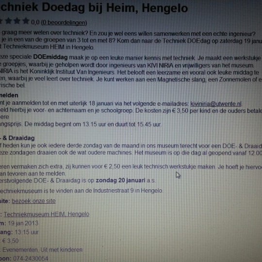 Techniek doedag bij Heim Hengelo Aanmelden tot 18 jan. 2013