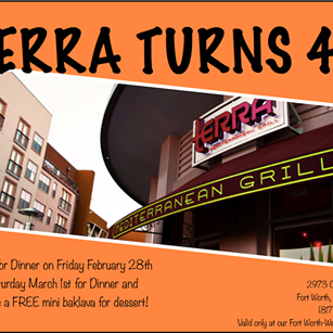 They had us at FREE baklava. Terra Mediterranean Grill is turning four, and they’re celebrating by treating you to a free mini baklava when you stop in for dinner this Friday or Saturday!