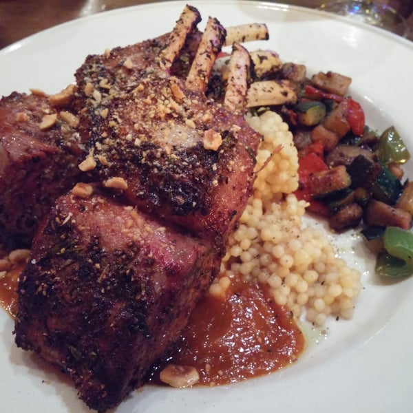 Rack of lamb! Swapped the sauteed veggies out for ratatouille, went well with cous cous. Got it medium rare but came out on the medium side. They should upgrade their bread, its like brushetta slices.