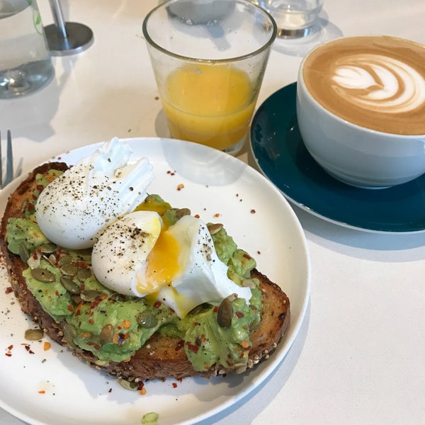 Avocado toast with poached eggs, banana muffin and the latte were delicious.