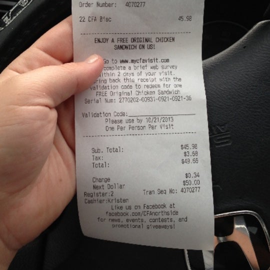 ChickFilA Receipt Serial Number / Mycfavisit Chick Fil A Survey Free