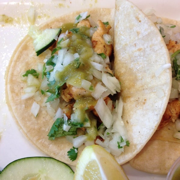 Chicken tacos are really good! (In the photo the green salsa is on the taco, but it comes on the side.)