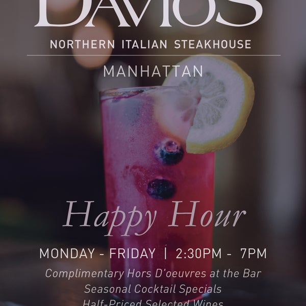Join us for Davio's Happy Hour from 2:30pm-7pm (Monday to Friday) & enjoy complimentary Hors D'oeuvres at the bar, cocktail specials & half-priced wines! #happiesthour #NewYork