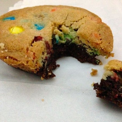uestion: What's better than a rich, dark chocolate brownie? Answer: A rich, dark chocolate brownie topped with a M&M cookie. Get one of the monster-sized treats for $3.50