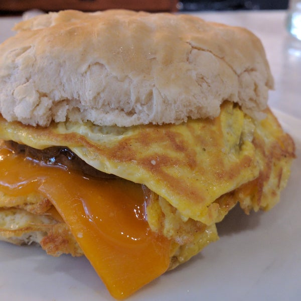 Dave's breakfast biscuit sandwich. Sausage, egg and cheddar cheese.
