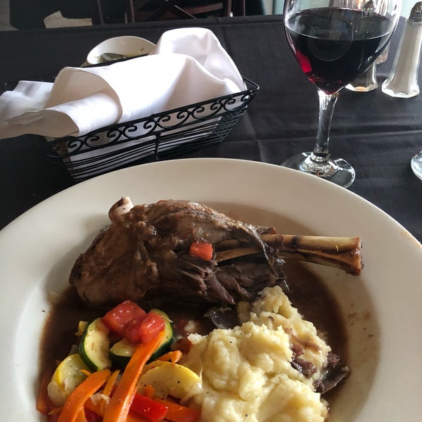 Lamb shank with Barolo reduction sauce.  Comes with garlic mashed potatoes and vegetables.  Excellent