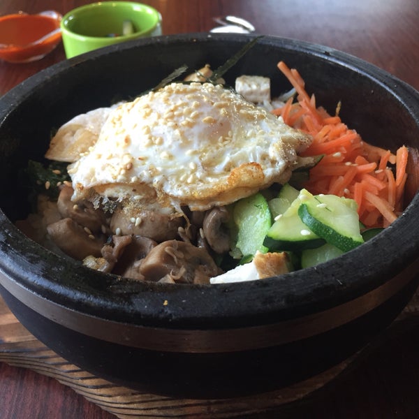 Try the vegetarian bibimbap in a sizzling bowl!