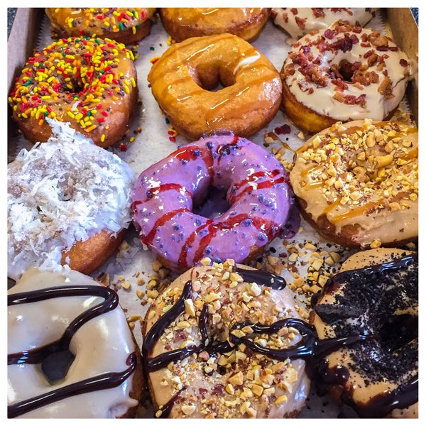 Hot NOW, vanilla cake donuts, with glaze, toppings, & drizzles, customized & made to your liking. All are delicious, but my fav is the seasonal pumpkin butter. Hoping for chocolate cake in the future.