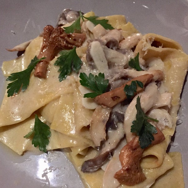 Mushroom pappardelle are excellent but a bit heavy from the cream.