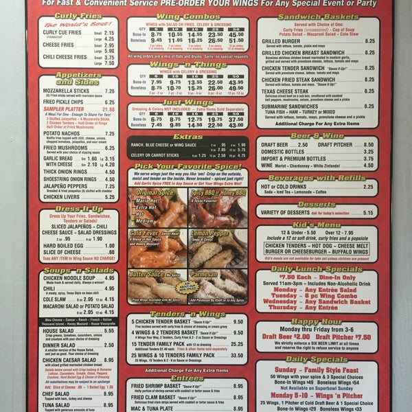 Wings and cheap things menu