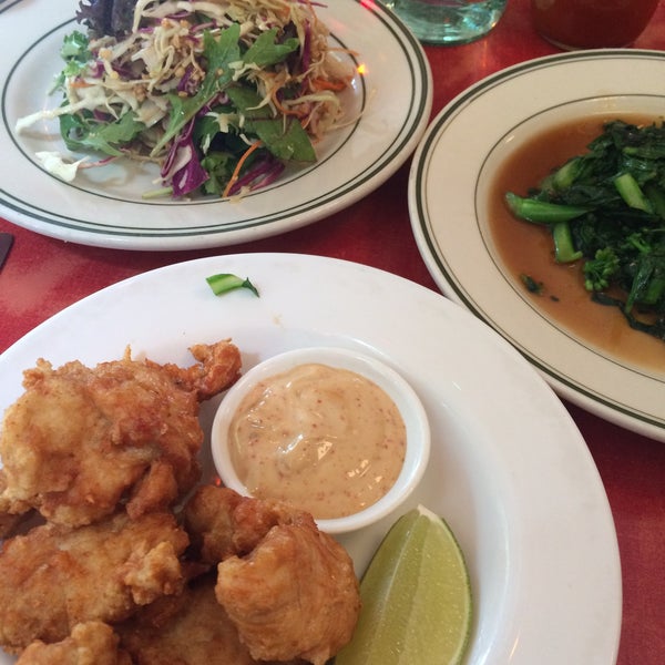 Julienne salad with sweet chili, bok choy with ginger, fried chicken small plates make for a good lunch