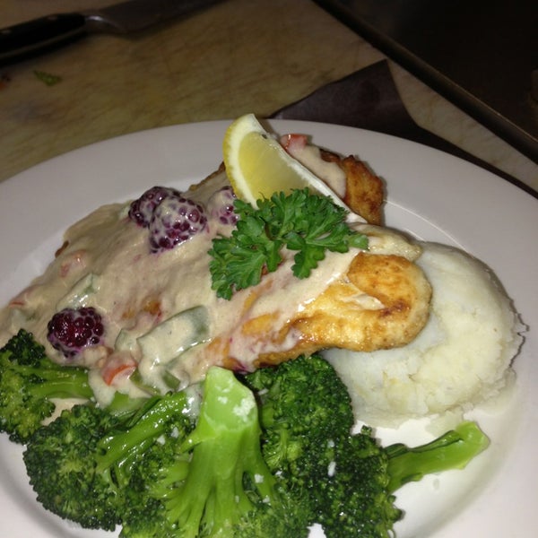 Special of the day:  Pan seared tilapia topped with Blackberry-Pomientos cream sauce. Served with mashed potatoes and vegetables. $13.95