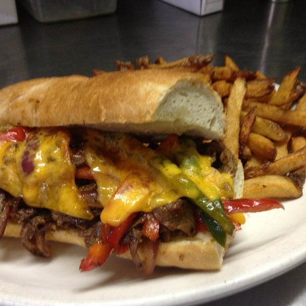 Today's special: Philly cheese steak sandwich. Thinly sliced seasoned prime rib, sautéed with peppers and onion and smothered in melted cheddar cheese. Served on a toasted baguette. $10.45