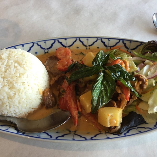 Their lunch specials are good, and include chicken soup, spring roll, and salad. Try the duck curry (duck in a sweet red curry).