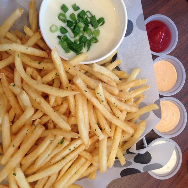 Fries w /cheese & scallions ( comes w / bacon too ) & dipping sauces